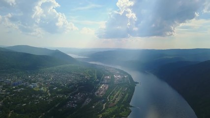 Beautiful drone shot of the city near the Yenisei river