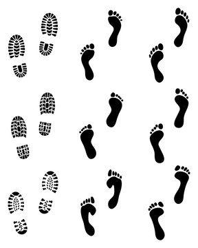 Black prints of human feet and shoes, vector illustration