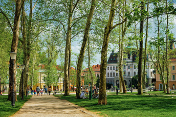 People in park Congress Square in historical center Ljubljana