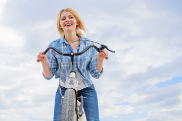 Girl enjoy short cycle tour with stop offs along way and travel. Leisure cycling is about seeing...