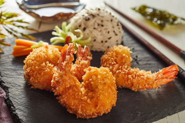 Crispy fried shrimp in tempura batter - obrazy, fototapety, plakaty