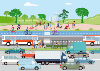 Öffentlicher Verkehr mit Radfahrern und Fußgänger