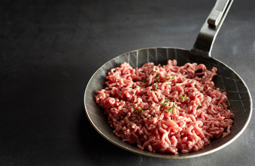 Skillet with uncooked, mince meat