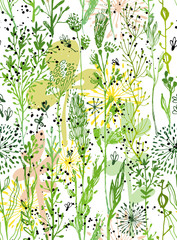 Seamless trendy pattern green grass and dandelions. Vector botanical illustration, Great design element for fabric, wrapping paper, congratulation cards, banners, flyers, and another