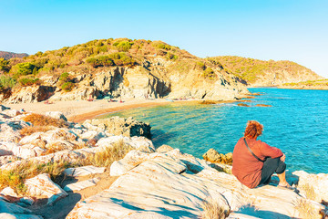 Woman in Chia Beach and Mediterranean Sea South Sardinia Italy