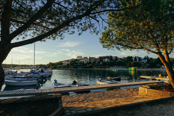 Marina with boats on Adriatic Sea in Pula Croatia sunset