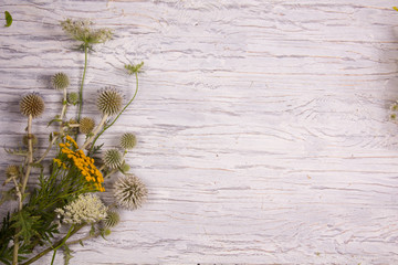 Background with dry wildflowers on white wooden