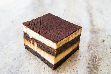 delicious tiramisu cake on the marble table