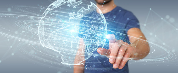 Businessman using globe network hologram with Europe map 3D rendering