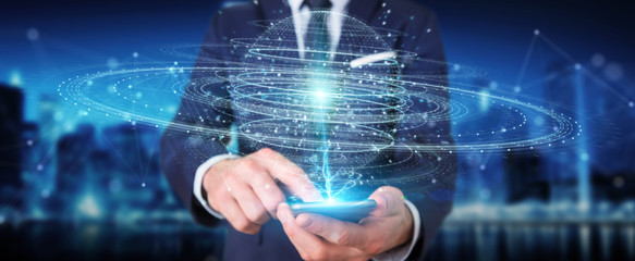 Businessman using digital sphere connection hologram 3D rendering