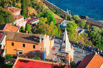 Panoramic view at main square in Taormina Sicily - obrazy, fototapety, plakaty