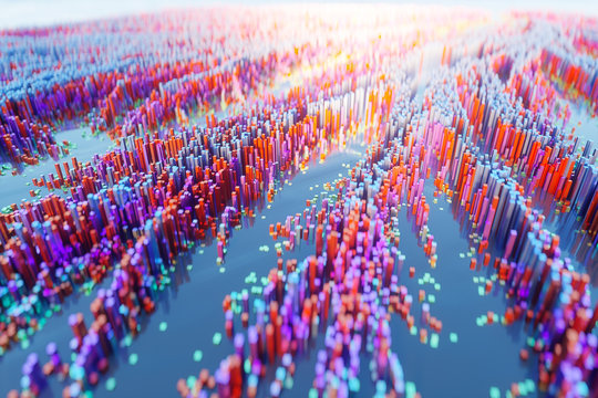 Abstract colourful voxel background,cyberspace game city. Internet of Things. Futuristic technology background  ,3D illustration.