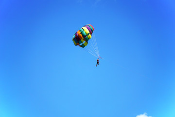 Flight with a parachute over the water on the Black Sea coast, Bulgaria

