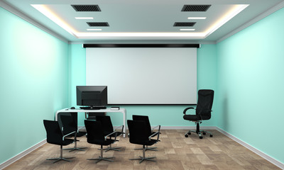 Board room - empty office concept , business interior with chairs and plants and wooden floor on mint wall empty. 3D rendering