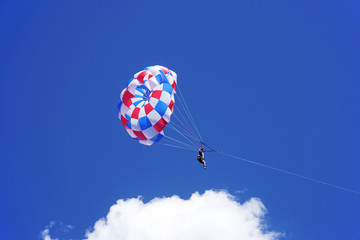 Flight with a parachute over the water on the Black Sea coast, Bulgaria
