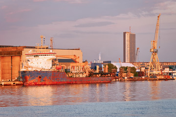 Old ship cranes in Port of Klaipeda Lithuania Baltic Sea