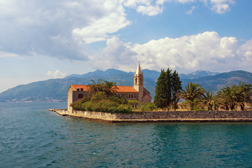 Fototapeta na wymiar Summer Mediterranean landscape. Montenegro, Adriatic Sea. View of Bay of Kotor and Island of Our Lady of Mercy ( Gospa od Milosrda )