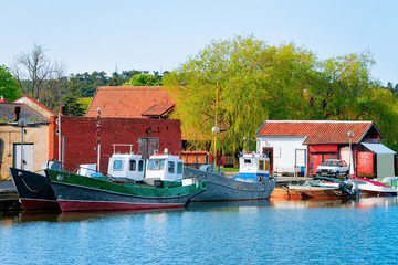Ships in Nida resort on Baltic Sea in Curonian Spit