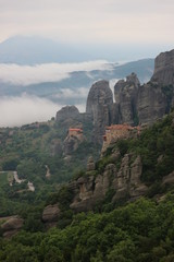 Fototapeta na wymiar Morning view to famous Meteora valley and monastery in the clouds, Thessaly, Greece
