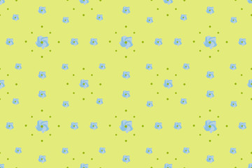 Seamless pattern cute blue flowers with green dots on the light yellow background.Can be used to create wallpapers, paper for wrapping gifts, fabrics, home textiles and background for website.Vector