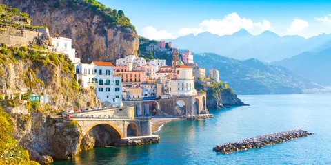 Wall murals Mediterranean Europe Morning view of Amalfi cityscape on coast line of mediterranean sea, Italy