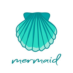 Blue sea shell and mermaid writing. Hand drawn illustration vector.