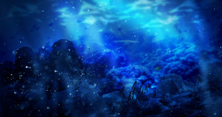 Fototapeta premium Depth of sea water, the bottom of the sea, the rays of the sun through the water, the underwater world, the background