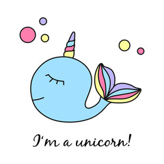 Cute whale unicorn with writing. Hand drawn illustration vector.