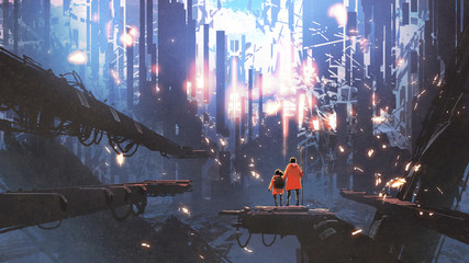 father and his daughter looking at the abstract city with glowing particles flying around them, digital art style, illustration painting