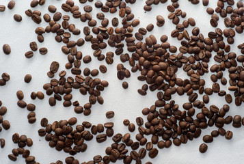 Scattered Brown Coffee Beans on White Background