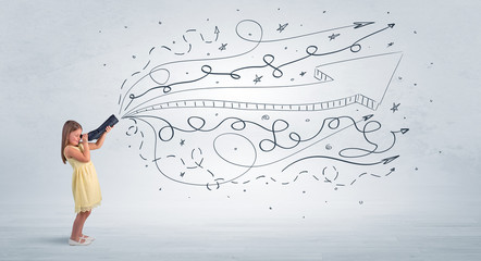 Cute girl looking in spyglass with doodle arrow concept
