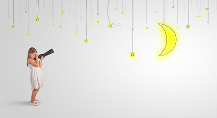 Cute little girl looking through spyglass to lighting bulbs
