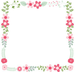 Cute vector floral frame template with pink flowers and green leaves for wedding invitations, greeting cards and other designs