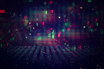 Futuristic retro background of the 80`s retro style. Digital or Cyber Surface. neon lights and...
