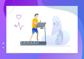 Young man in a sporty uniform is running on a treadmill and listen to music. Conceptual Modern and Trendy colorful vector illustration for landing page. Web template.