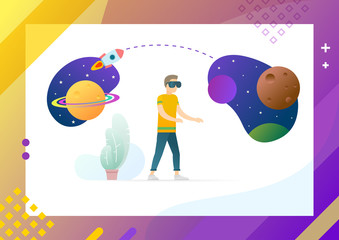Man in virtual reality glasses explore outer space vector illustration of male in VR headgear and cosmic planets on screen of digital tablet device isolated. Conceptual Web template.
