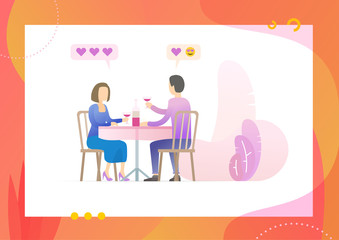 Loving family couple sitting at restaurant table and drinking red wine. Heart and smile icon in message bubble. Conceptual Modern and Trendy colorful illustration for landing page. Web template.