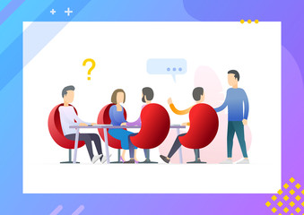 Team leader meeting at a big table. Startup Company. Teamwork processes or business conference. Man have a question. Conceptual Modern and Trendy colorful vector illustration for landing page.