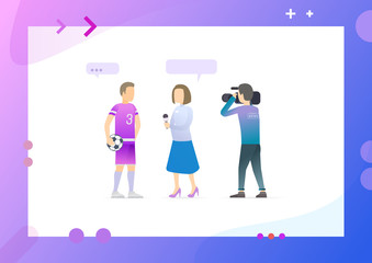 Sport footballer wearing uniform with number, interviewed by journalist and shot by cameraman, people working to get information vector illustration. Conceptual Web template.