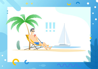 Male wearing glasses lying on beach drinking cocktail and relaxing under palm tree, seascape with sailboat floating on water frame vector illustration. Conceptual Web template.