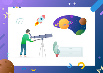 Person watching on space through telescope standing exploring something new, planets with stars in distance, plant placed by man vector illustration. Conceptual Web template.