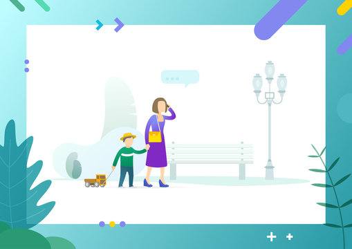 Family Calmly Walking In Park Together, Mother Holding Hand Of Son Pulling Truck Toy, Female And Little Kid Passing Bench, Lantern Vector Illustration. Conceptual Web Template.