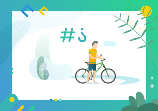 Adult riding bicycle in park, stopped to read message on mobile phone, trees and pond natural environment, puzzled man, green frame vector illustration. Conceptual Web template.