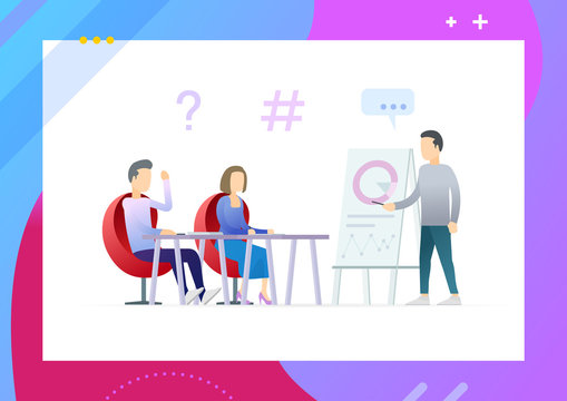 Teacher giving lecture or presentation to employees sitting at board room desk. People at the conference hall. Teamwork workplace. Conceptual Modern and Trendy colorful vector illustration.