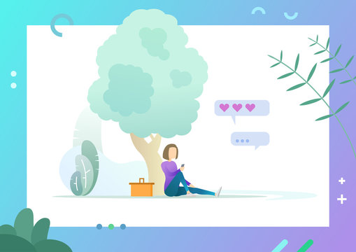 Woman relaxing by sitting under tree and reading message on mobile phone, like shown above, lady recreating in park with basket vector illustration. Conceptual Web template.