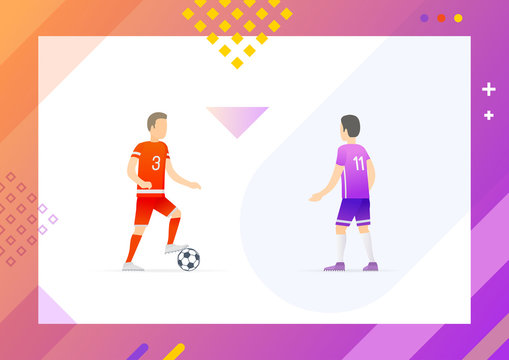 Players playing in soccer together standing opposite each other, man placed his leg on ball, frame with dots forming triangle vector illustration. Conceptual Web template.