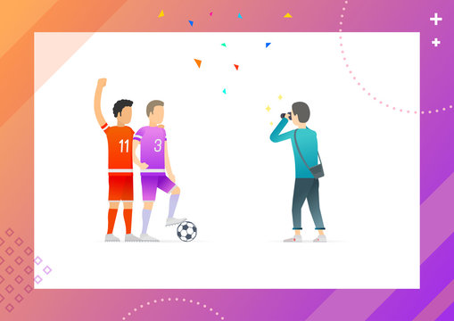 Sport team of footballers being shot by cameraman, celebration of successful soccer match played by profesional people in frame vector illustration. Conceptual Web template.