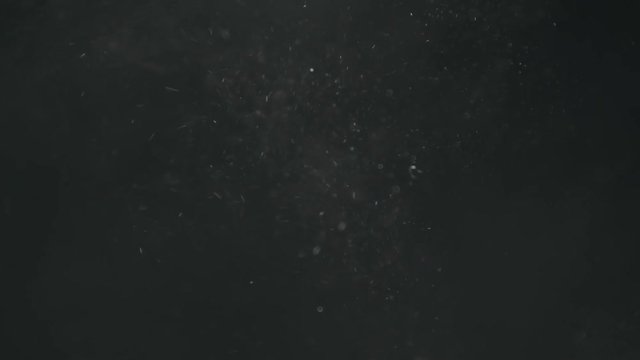 Slow motion explosion effect of dust particles on a black background
