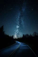 Foto op Plexiglas Nacht Bochtige weg met vallende ster en Melkweg erboven