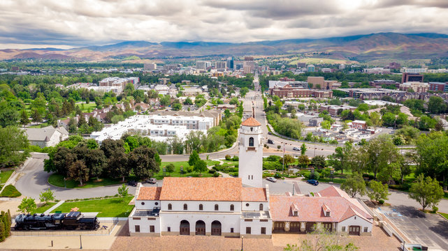 Boise skyline with the historic train depot in the foreground aerial view